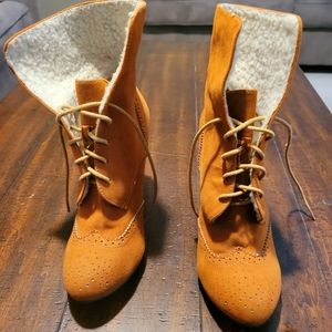 Faux shearling lined laceup wedge boots